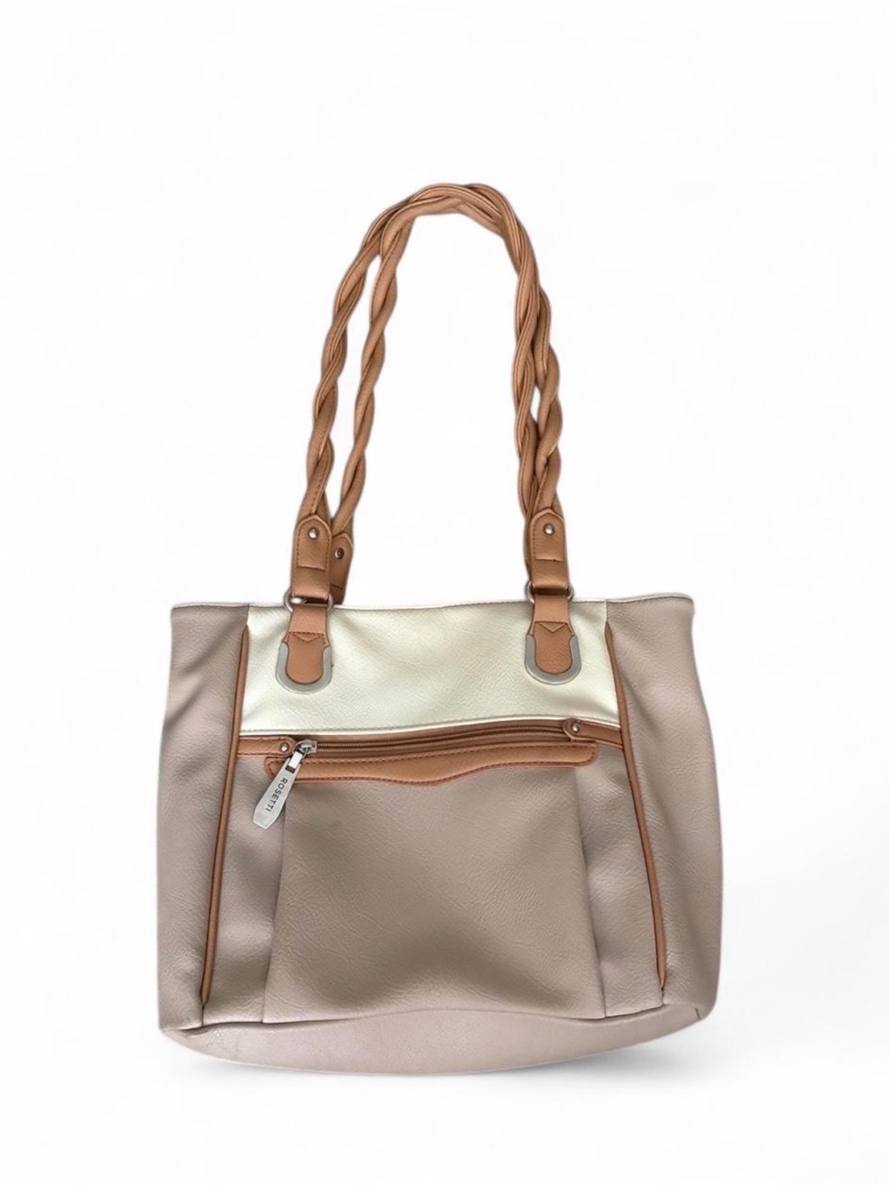Rosetti Taupe and Cream Shoulder Tote with Braided Tan Handles
